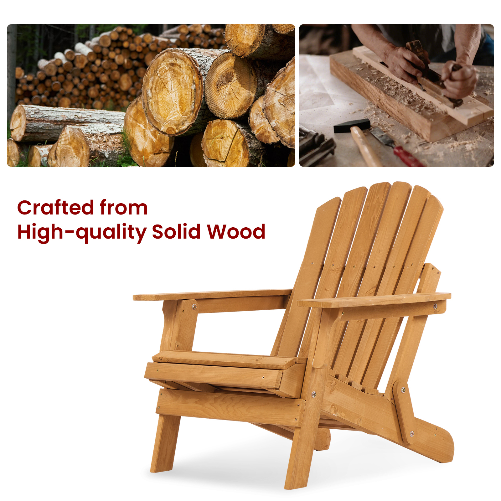 Easy4Home Larger Wooden Adirondack Chair Folding Patio Chair with Retractable Ottoman, Light Brown
