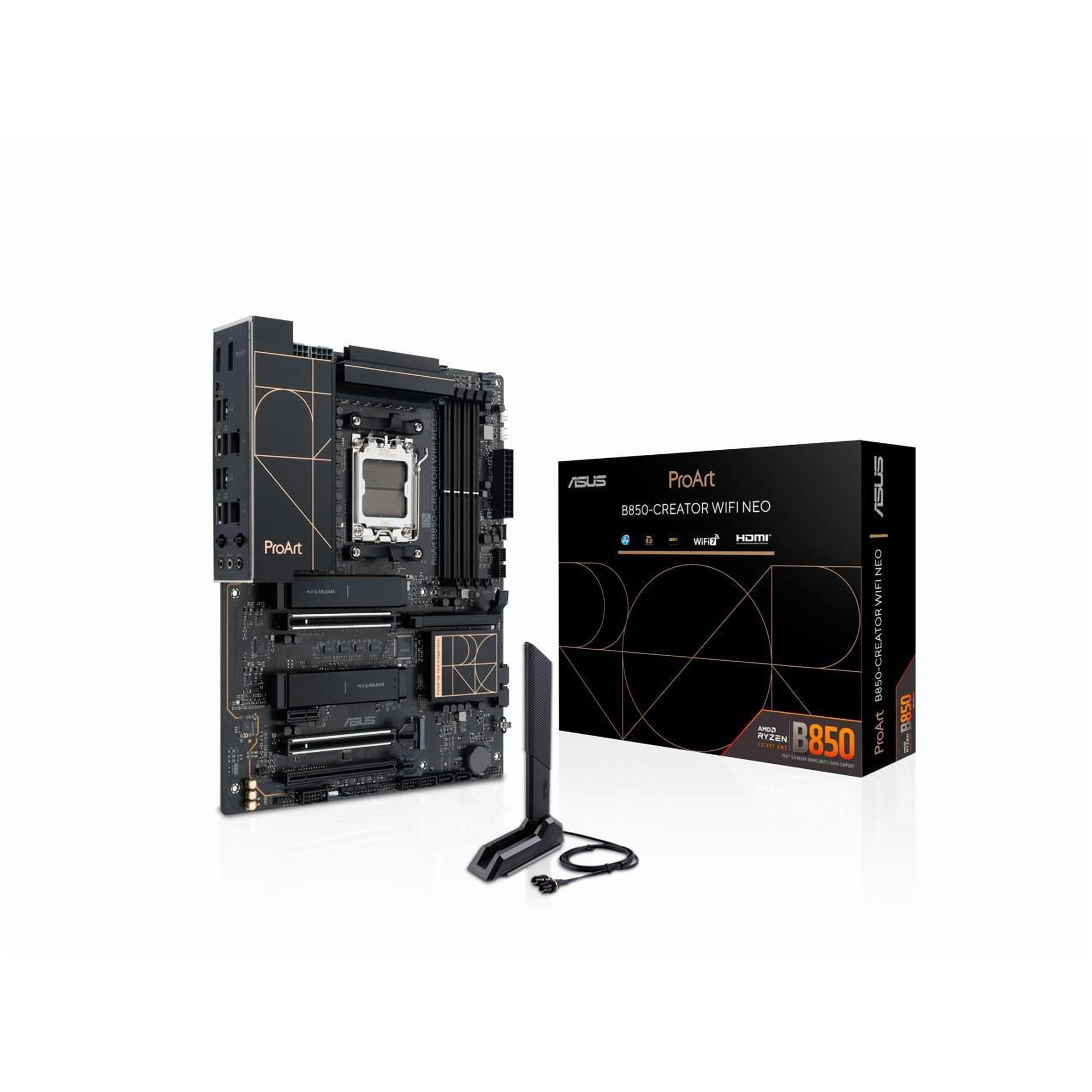 ASUS ProArt B850-CREATOR WIFI NEO AMD AM5 B850 ATX motherboard, 14+2+1 80A stages, DDR5, PCIe 5.0, 3x M.2, Wi-Fi 7, 5G LAN, DP, HDMI, SATA, USB Type-C, ProArt Creator Hub, ASUS Control Center Expres