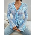thumbnail image 3 of Women'S V Neck Lace Sheer Top Mesh See Through Shirts Open Front Tie Long Sleeve Blouses Y2k Going Out Tops Blue S, 3 of 8