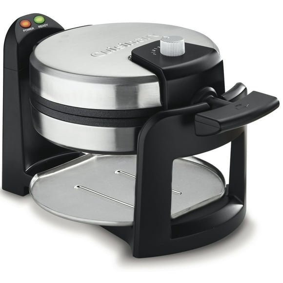 Round Flip Belgian Waffle Maker, Black/Silver, 1 inch thick