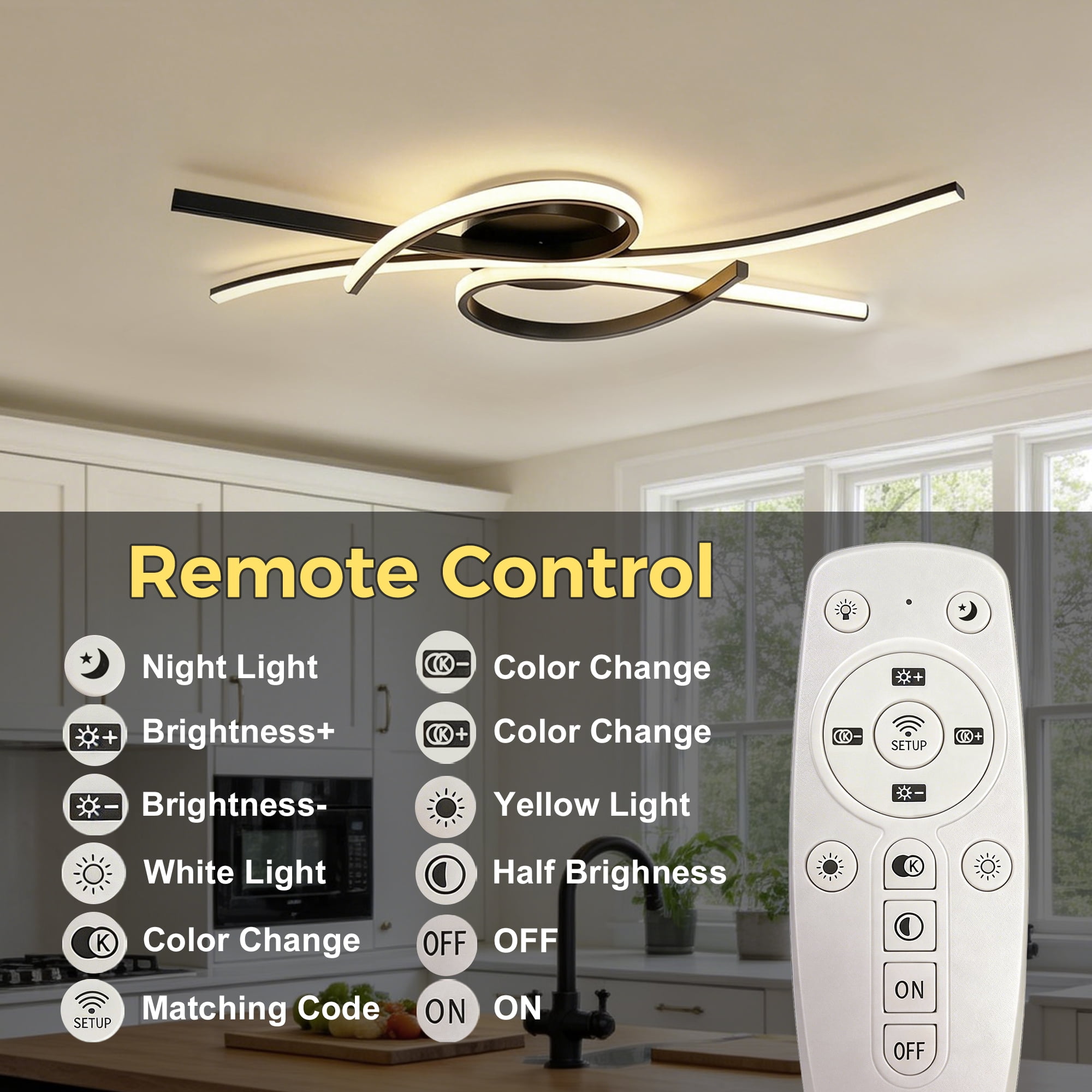 YANSUN 31.5" 3-Light Modern LED Flush Mount Ceiling Light, 30W Dimmable Black Semi Flush Mount Fixture with Remote Control, 3CCT for Kitchen Island Dining Room Bedroom Living Room