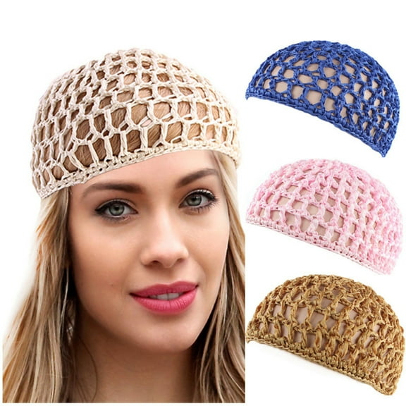 4 Pieces Mesh Crochet Hair Net Rayon Knit Snood Hat Thick Short Women Hairnet Snoods Cover Ornament for Sleeping (Blue, Khaki, Pink, Beige)-M