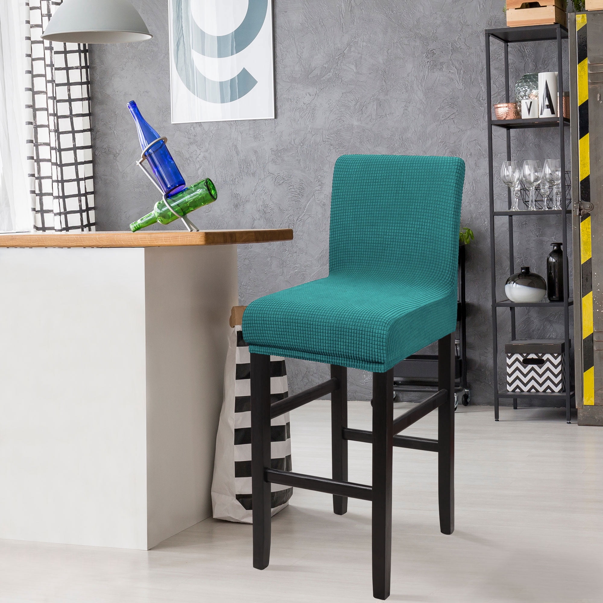 Unique Bargains Polyester Stretch Bar Stool Covers Elastic Band Mid Back Chair Slipcover Teal 2 Pcs