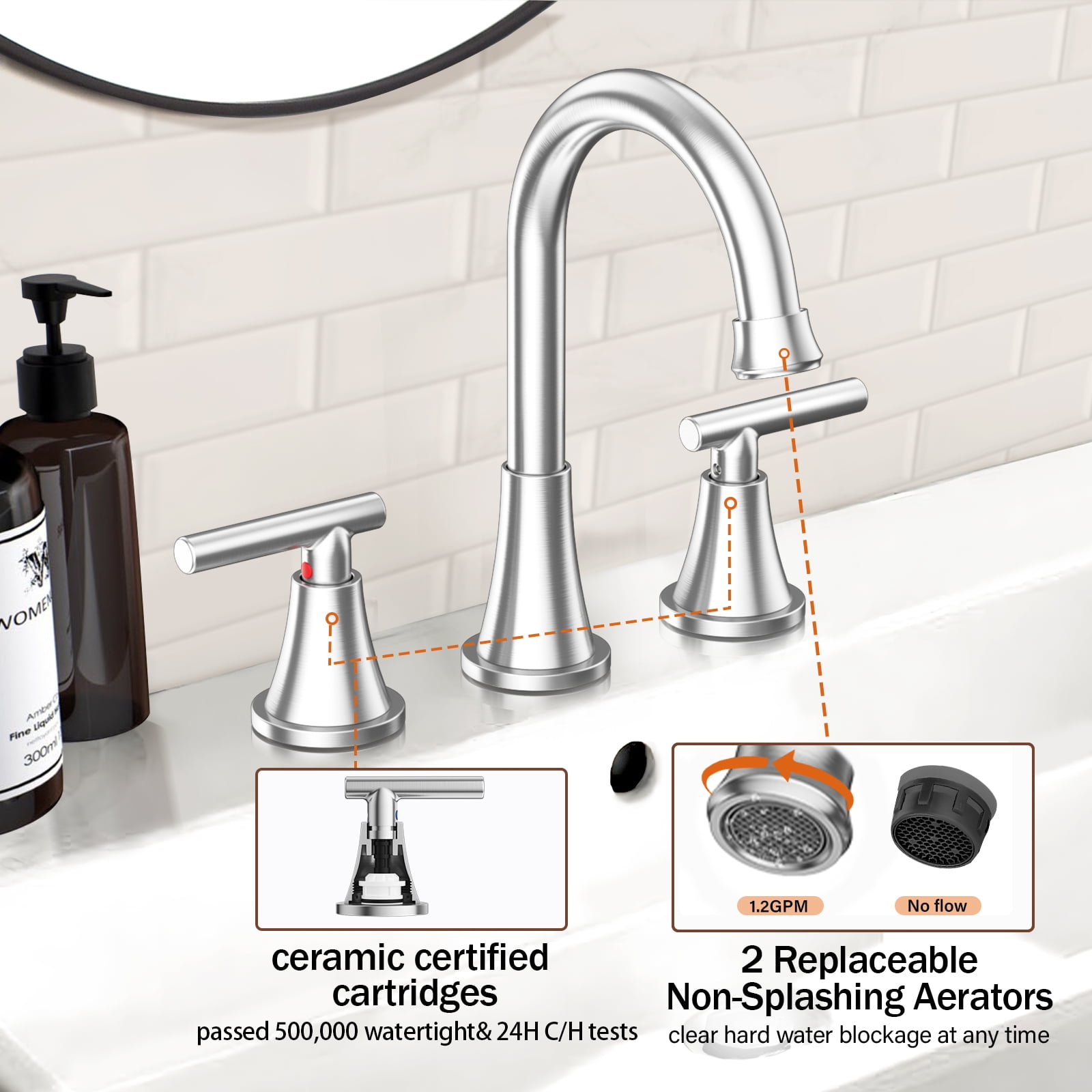 KINGTACK Bathroom Faucet for Sink 3 Hole, 8 Inch Bathroom Faucets with Pop-up Drain and Supply Lines, Brushed Nickel