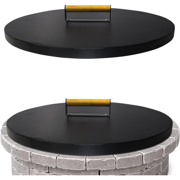 30” Round Fire Pit Lid – Powder Coated fire pit cover round metal for Outdoor Fireplace -16 Gauge Steel Flat Fire Pit Burner Pan Cover with Wooden Handle Snuffer Lid for Round Patio Fire Pit Ring