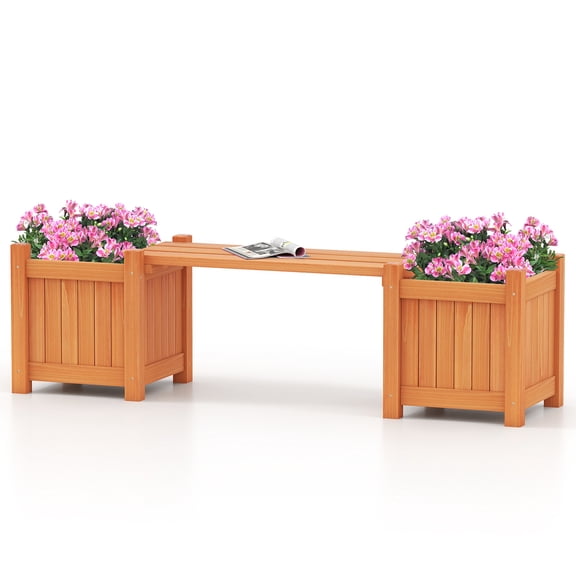 Costway Wood Planter Box with Bench Open-Ended Base & Teak Oil Finish for Flowerpots