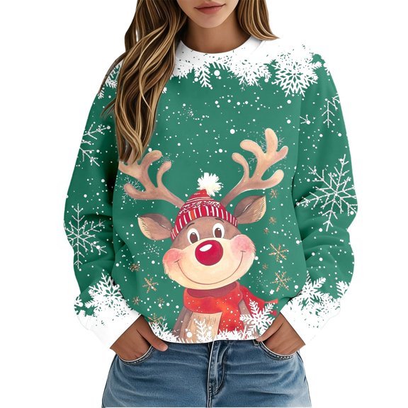 Wang6 Womens Christmas Graphic Sweatshirts Plus Size"Snowman"Printed Long Sleeve Pullovers Xmas Comfy Fall Loose Fit Crew Neck Tshirts Tops Green S