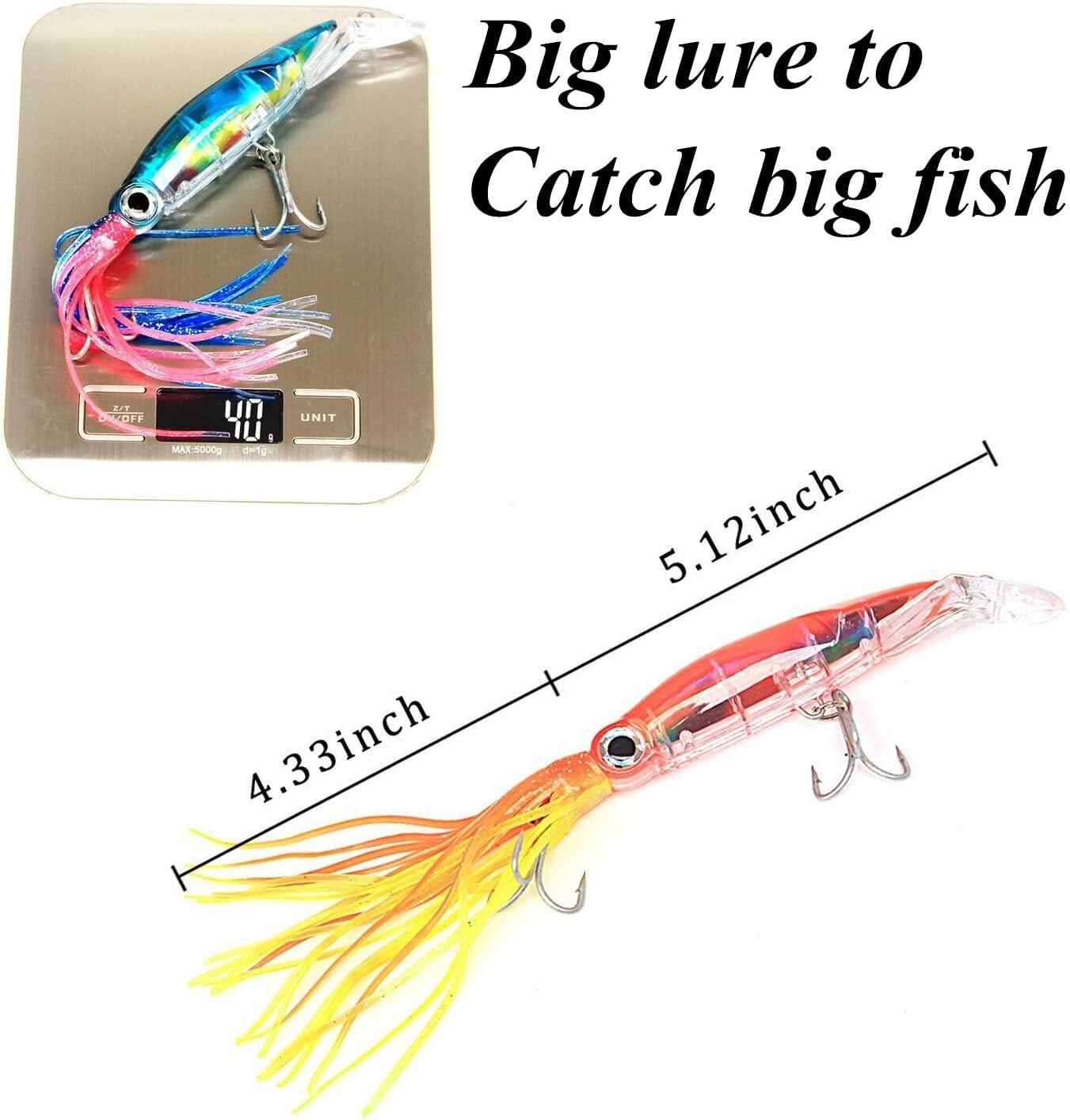 6 Pack Squid Skirts Fishing Lures 1.4 OZ/5.1 IN Octopus Bait with 2 Treble Hooks