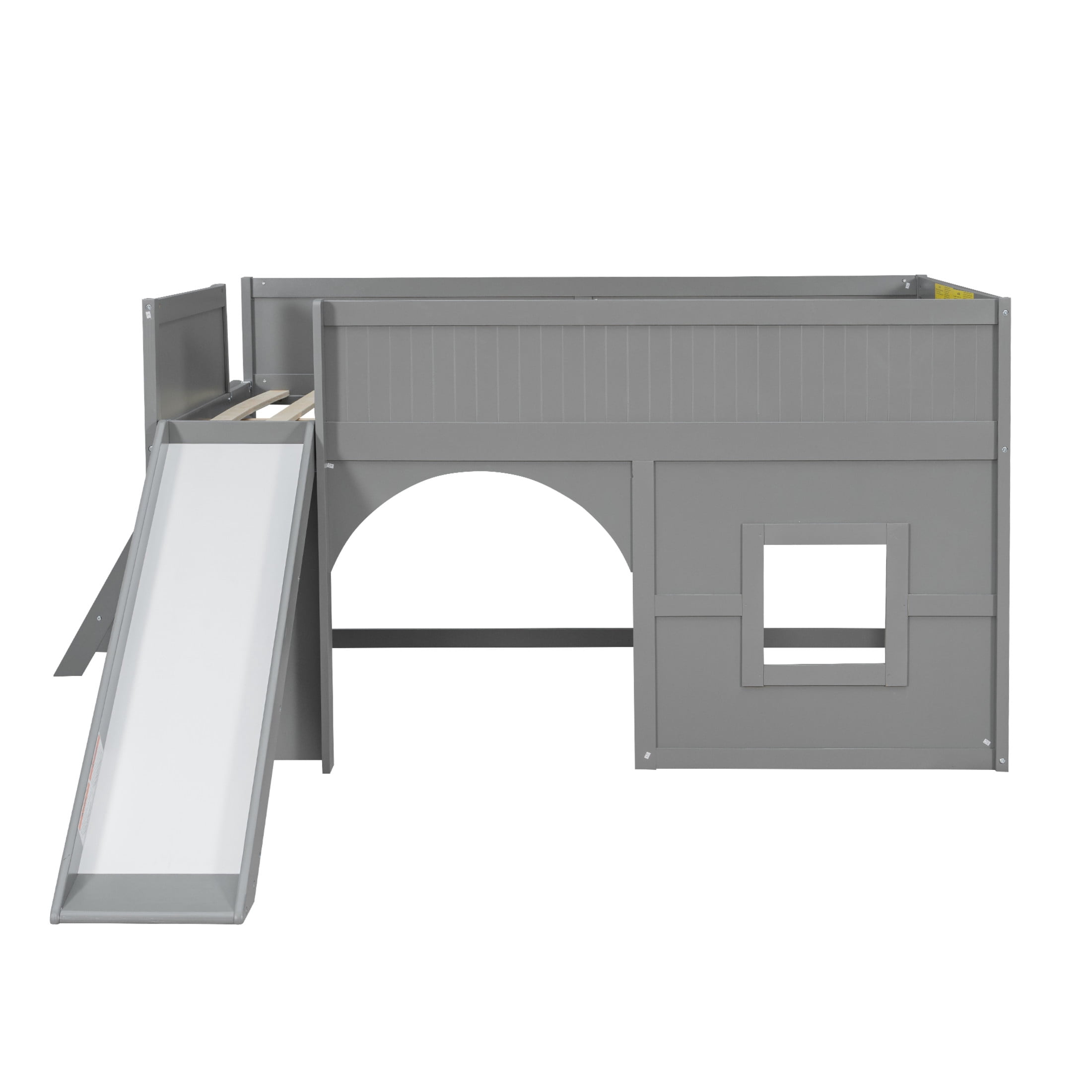 Noble House Seaman Full Size Low Loft Bed with Slide and Storage Shelves, Pine Wooden Playhouse Bed, Gray