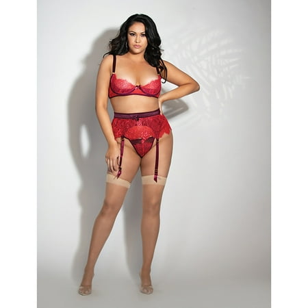 

Eyelash Lace Underwire Bra Garter Skirt & G-string Red 3x/4x
