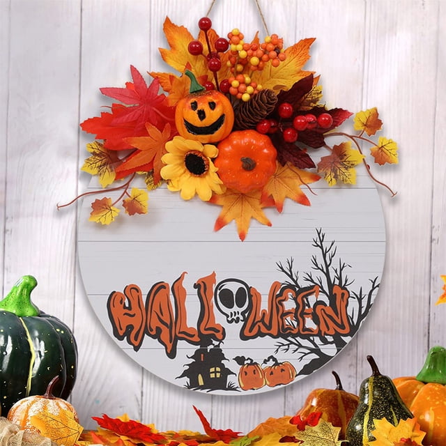 Corona Artificial de Otoño para La Puerta Principal con Hojas de Arce, Corona de Otoño con Calabazas, Bellotas y Bayas, Ideal para Fiestas de Halloween y Acción de Gracias.