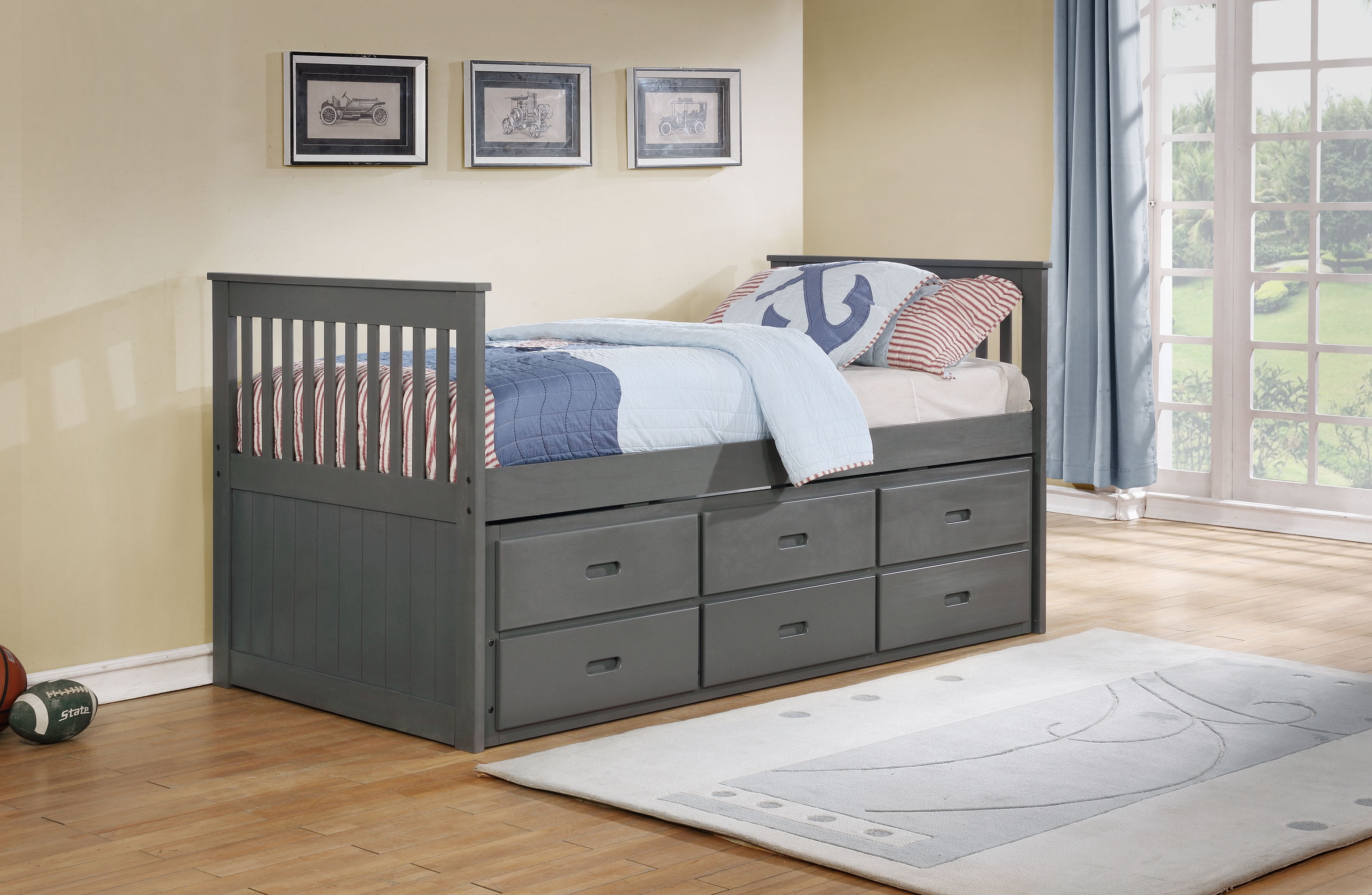80" X 42" X 37" Grey Solid and Manufactured Wood Twin Captain Bed with