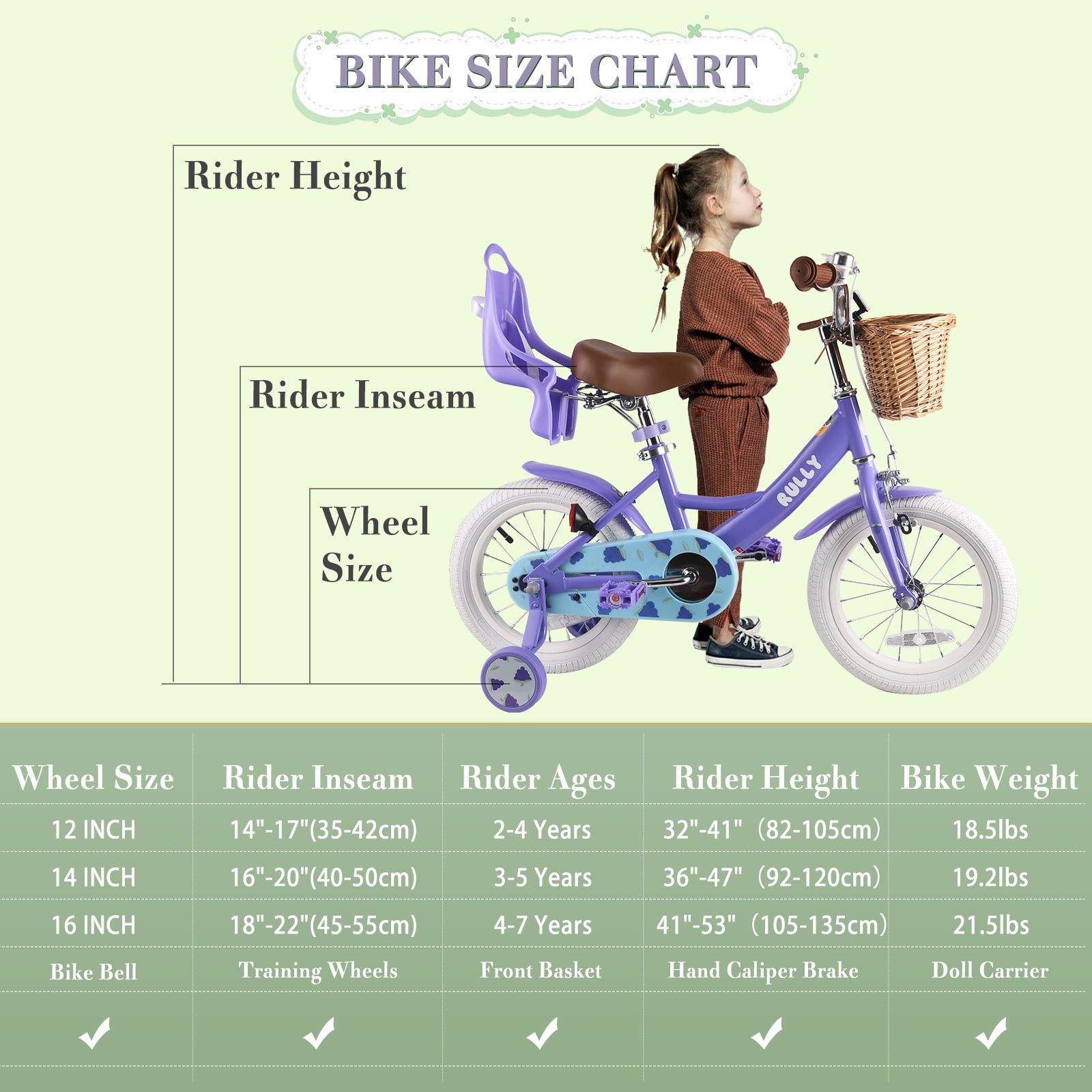RULLY 12 Inch Kids Bike For 2 3 4 Years Girls With Training Wheels & Front Handbrake, Kids Bicycle With Basket Bike Streamers Toddler Cycle Bikes, Pink