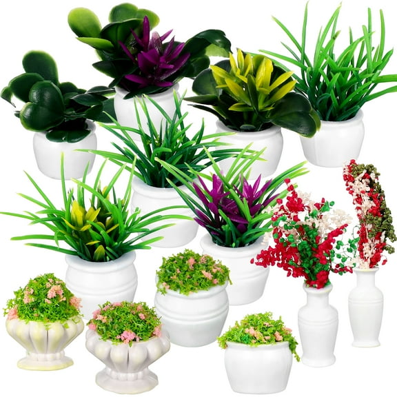 13 Pcs Miniature Potted Plants for Doll House Mini Plant Bonsai Flower Models Fake Greenery Decorations