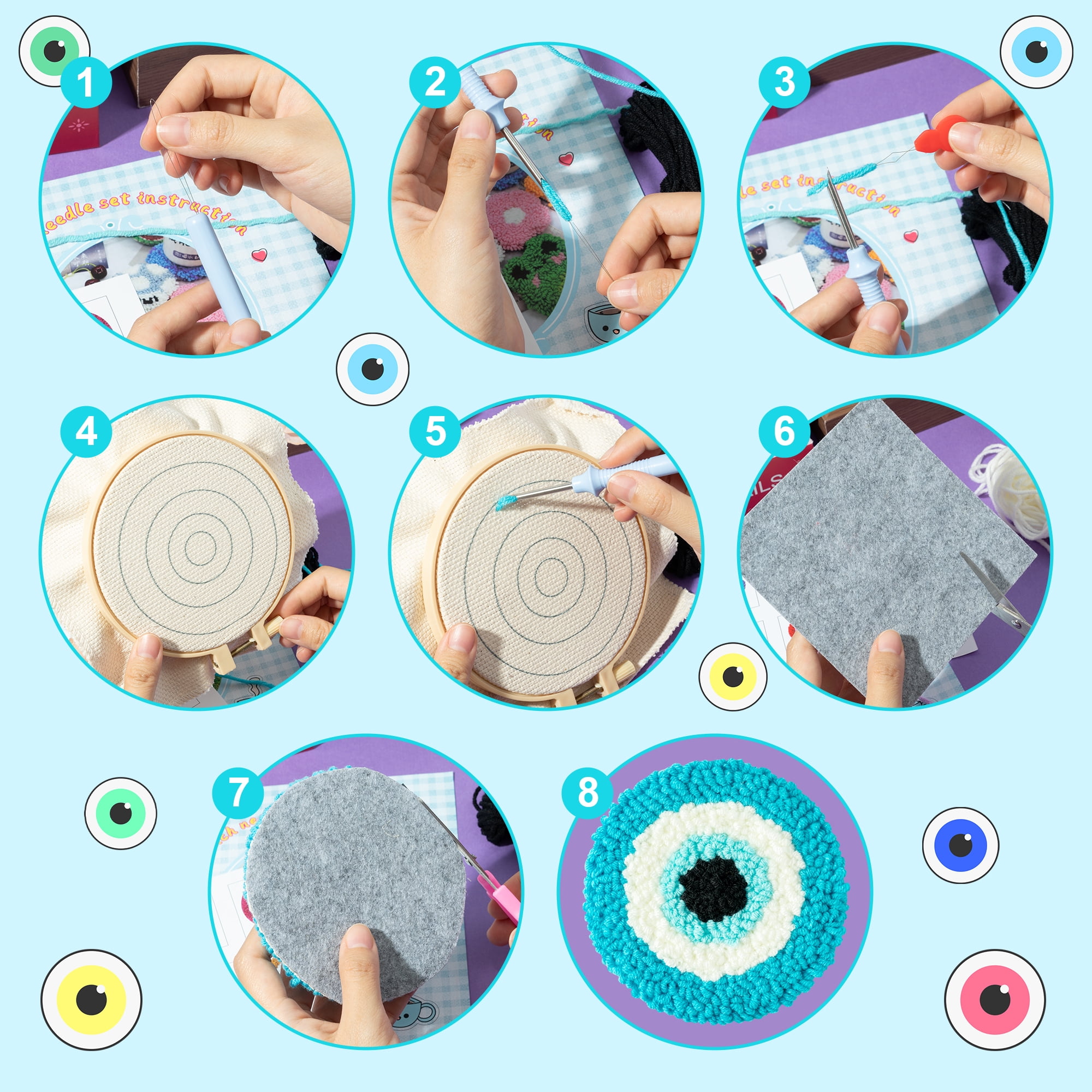 Belanttega Devil Eye Punch Needle Coaster Kit - 22Pcs Art Work Decor Craft Supplies Kits for Beginners, DIY Set of 6 Pattern Tufted Rug Pads with Adhesive Felt Yarns Embroidery Hoop Instruction Gifts