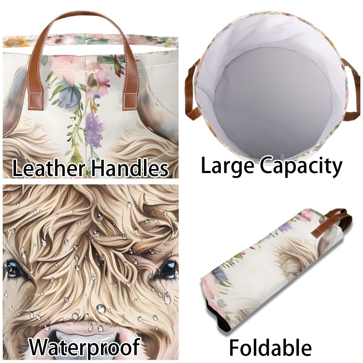 ADECORIVY Highland Cow Laundry Basket Waterproof Collapsible Hamper With Handles Oxford Cloth Dirty Clothes Tote for Bathroom, Bedroom, Living Room
