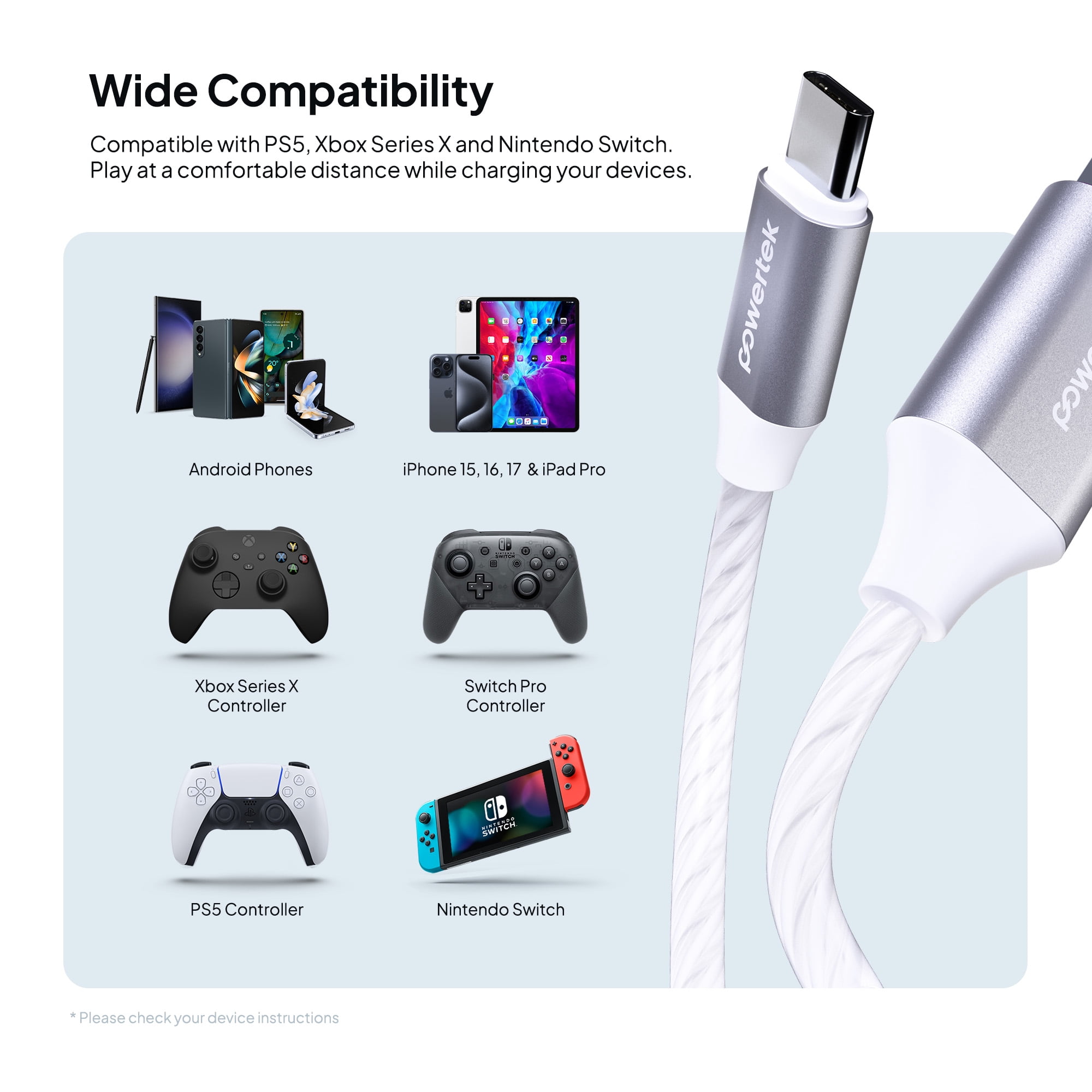 Powertek Light-Up USB-A to USB-C Charging Cable, 5 ft, White