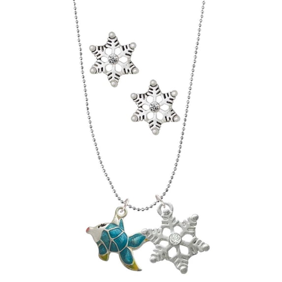 Delight Jewelry Silvertone Blue Tropical Fish with Yellow Fins Silver tone Snowflake Charm Necklace and Stud Earrings