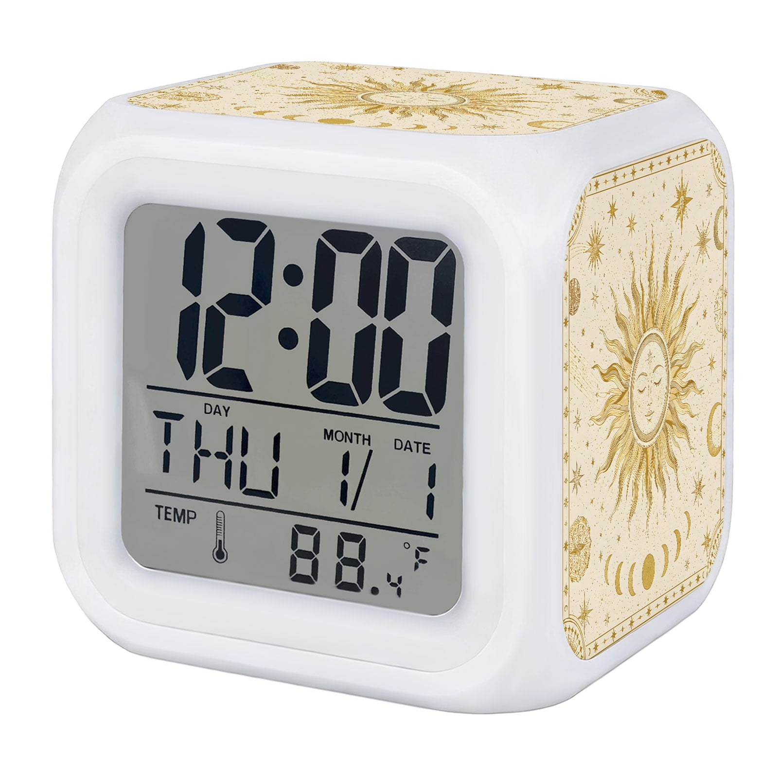 Sun Face Alarm Clock, Vintage Boho Mystical Gold Radiant Beam Moon Phases Star Digital Clock Night Light with 7 Color, Calendar Temperature Display, LED Desk Small Clock for Bedrooms Living Room