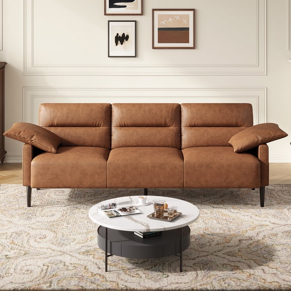 BLAZANT Faux Leather Sofa Couch, Modern 83 Inch 3 Seater Couches with Deep Seats and 2 Pillows for Living Room, Apartment, Office, Bedroom, Orange