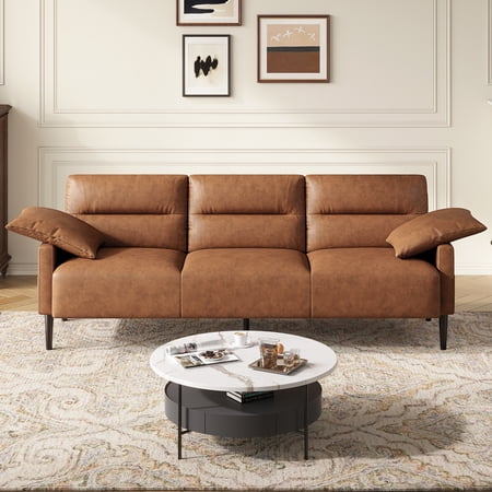 BLAZANT Faux Leather Sofa Couch, Modern 83 Inch 3 Seater Couches with Deep Seats and 2 Pillows for Living Room, Apartment, Office, Bedroom, Orange