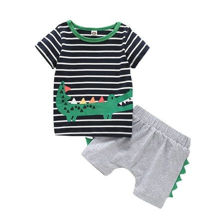 

TAIAOJING Kid Toddler Boys Clothes Crocodiles Boys Tops +Short Stripe T-shirt Sets Baby Cartoon Leisur Girls Baby Boys Outfits 18-24 Months