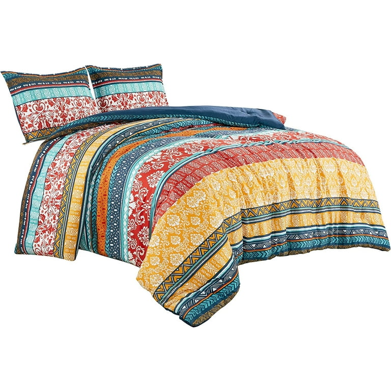 Chezmoi Collection Amara 3 Piece Boho Stripe Queen Comforter Set Floral Colorful Bohemian Printed Microfiber Lightweight Bedding Set