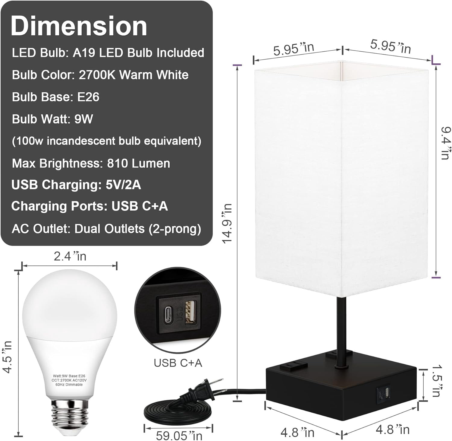 Sailstar Upgraded Bedside Lamp with USB C+A Charging Ports & 2AC Outlets, White Table Lamps for Bedroom, 3 Way Dimmable Touch Lamp, Small Space Nightstand Lamp for End Table, Bulb Included