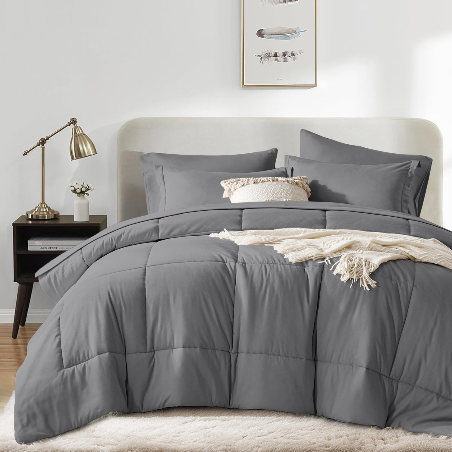 Flymme Full Bed Sets 7 Pieces Dark Grey Comforter Sets with Sheets Modern Soft Microfiber Quilted Warm Complete Bedding for Bedroom Decor