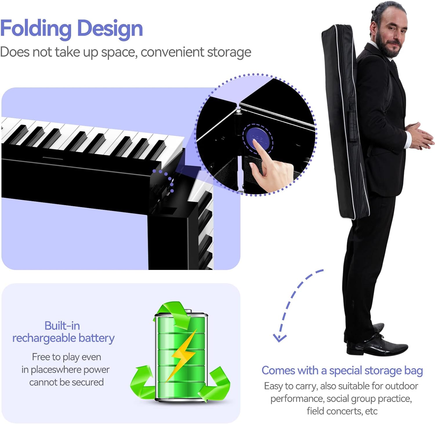 Terence 88-Key Semi-Weighted Folding Portable Electronic Piano with Bluetooth, LCD Screen, Speakers, 2X5W Speakers