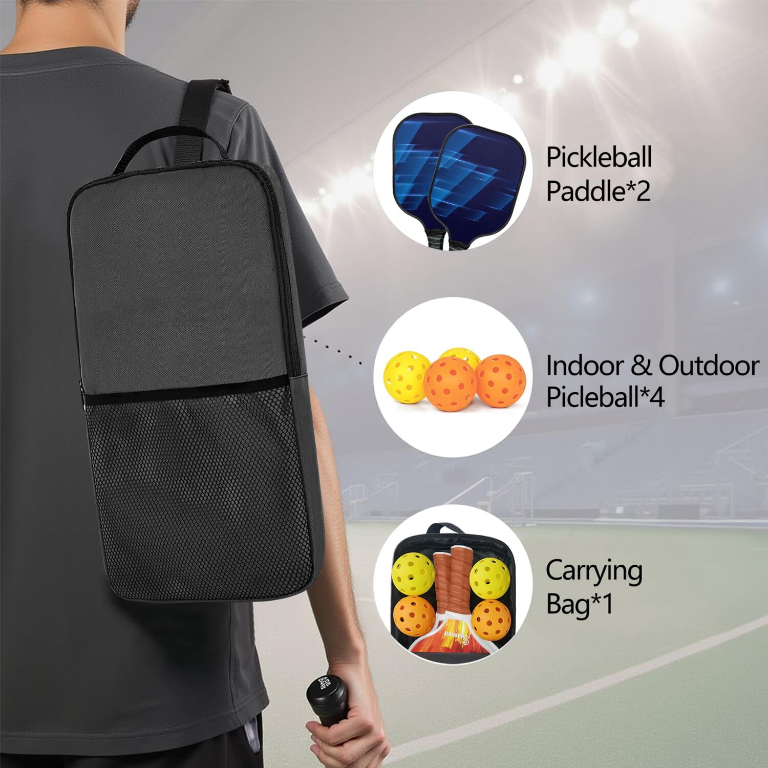 Pickleball Paddles Set Of 2, Fiberglass Surface, Thunder, Speed Print, 4 Balls & Bag