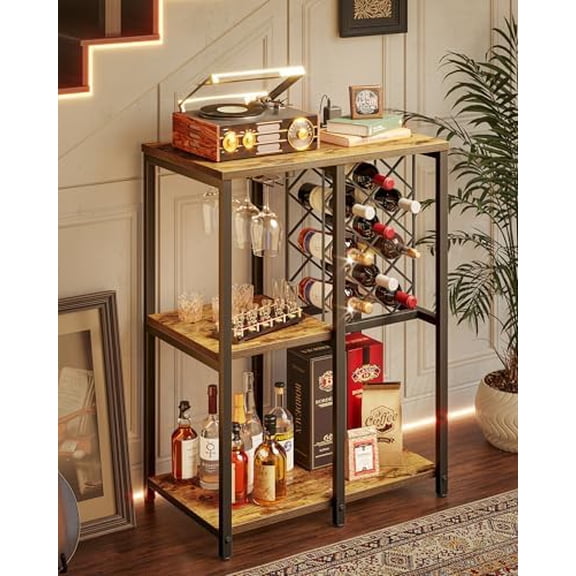 3-Tier Wine Rack Cabinet, Modern Liquor & Coffee Bar Cart with Shelves, Glass Holder and Power Socket, Bar Table for Kitchen, Dining Room