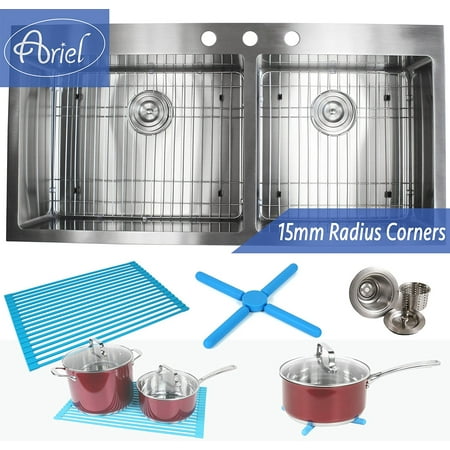 43 Inch Drop In Topmount Stainless Steel Super Sized Kitchen Sink Package by Ariel â 16 Gauge Double Bowl Basin w/ 9 Gauge Deck - Complete Sink Pack + Bonus Accessories - Ideal For Home Renovation