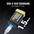 thumbnail image 3 of 2-Pack Rechargeable 9 Volt Lithium-ion Batteries, 1300mAh Long Lasting Power, USB-C Recharge with 2 in 1 Charging Cable for Smoke Alarms,Multimeters,Microphones,Walkie-Talkie,Toys, 3 of 6