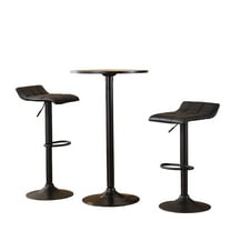 Roundhill Furniture Belham Black Round Top with Black Leg And Base Metal Bar Table and 2 Swivel Black Bonded Leather Adjustable Bar Stool Bar Sets
