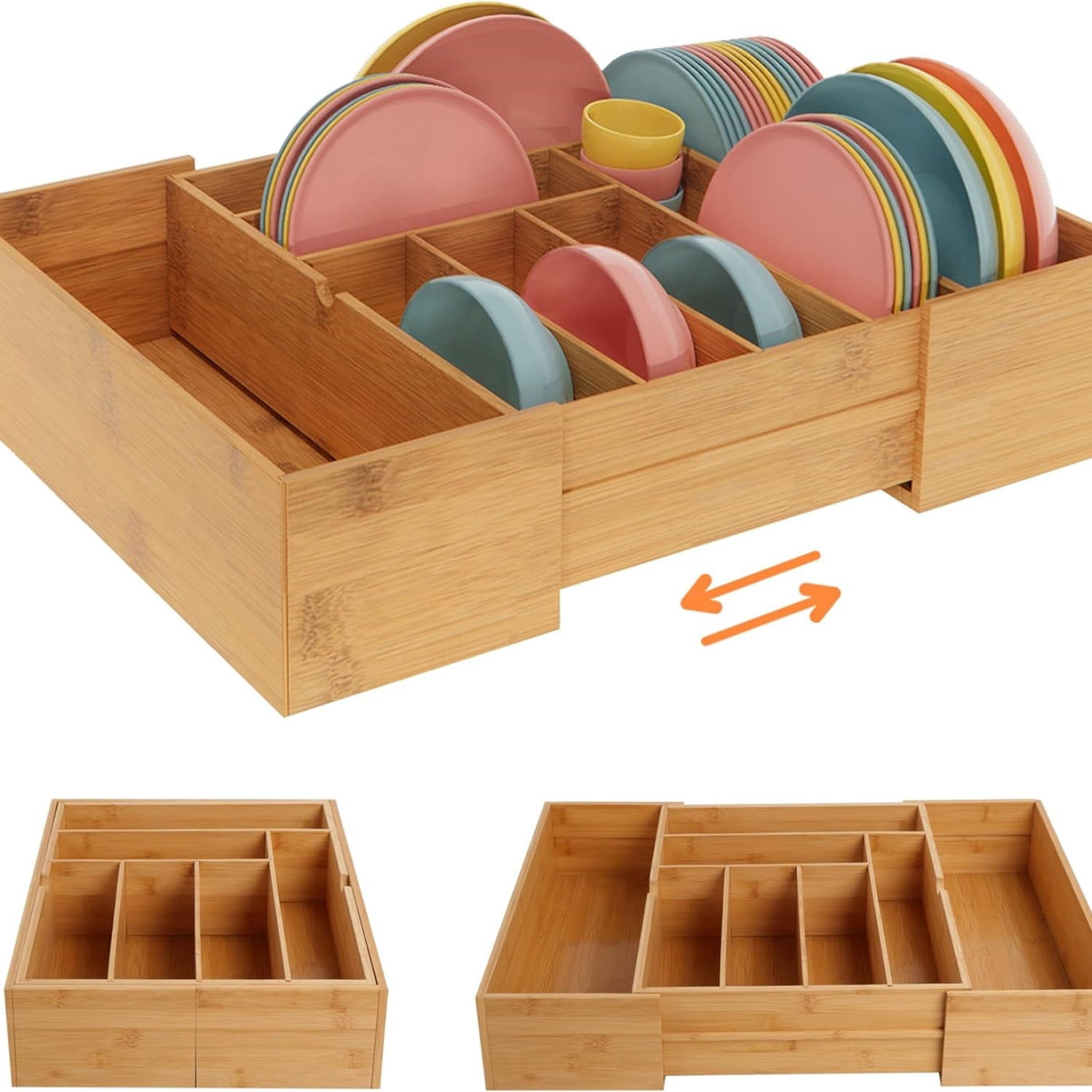 3.9inch Tall Bamboo Drawer Organizer, Expandable Utensil Holder with 8 Compartments, Adjustable Kitchen Drawer Divider for Flatware, Silverware and Gadgets, Deep Storage for Home and Office