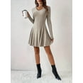 thumbnail image 5 of Women Long Sleeve Ribbed Knit Short Dresses Fall Winter V Neck Casual Swing A Line Sweater Dress Khaki XXL, 5 of 7