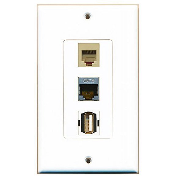 RiteAV - 1 Port USB A-A and 1 Port Phone RJ11 RJ12 Beige and 1 Port Shielded Cat6 Ethernet Decorative Wall Plate Decorative