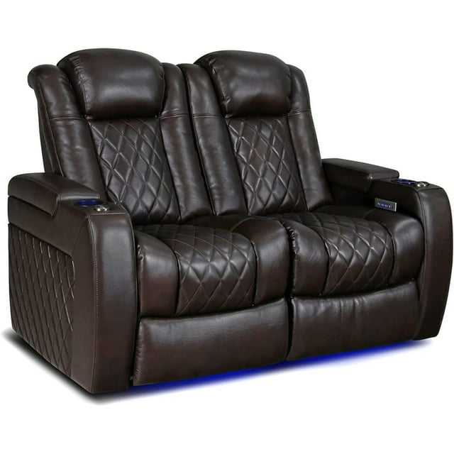 Valencia Tuscany Home Theater Seating|Premium Top Grain Italian 11000 Nappa Leather, Motorized Recliner, Power Lumbar Support, Power Headrest, LED Lighting (Row of 2 Loveseat, Dark Chocolate)