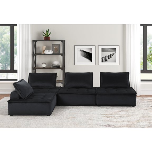 Miekor Furniture Anna 120" Black Velvet 4 Pc Sectional Sofa W5U697