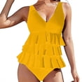 thumbnail image 5 of Women's One Piece Bikini Swimsuit Solid Color High Neck Ruffle Sexy with Removable Bra Pads No Underwire for Beach Vacation,Yellow,XL, 5 of 6