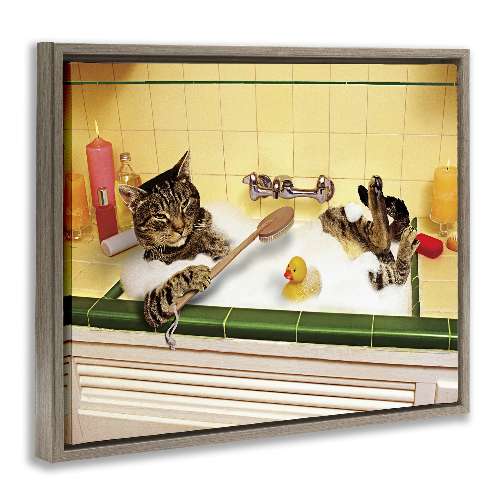 Stupell Industries Cat Bathing in Tub Typography Painting Brown Floater Framed Canvas Art Print Wall Art, 21 x 17