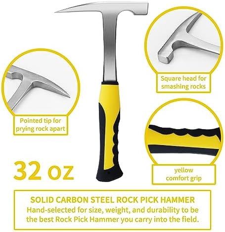 16-Piece Geological Rock Hammer Kit, Portable 32-ounce Hammer and Chisel Backpack Set, Suitable for Rock Hunting, Gold Mining, Ideal for Beginners and Enthusiasts.(yellow)