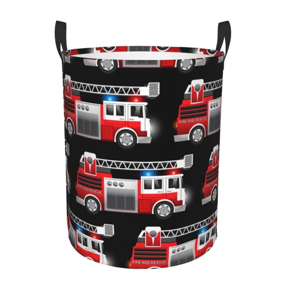 Rateoe Fire and Rescue Truck Pattern Round Laundry Hamper Basket, Tall Hamper Basket for Blanket Storage, Nursery Clothes Hamper for Laundry in Bedroom and College Dorm-Small