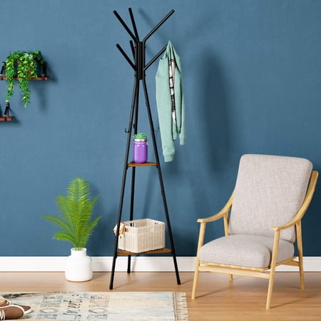 Homfa 9-Hook Freestanding Coat Rack with Storage, Vintage Coat Rack, Entryway Hall Tree with 2-Tier Shelf, Brown and Black Finish