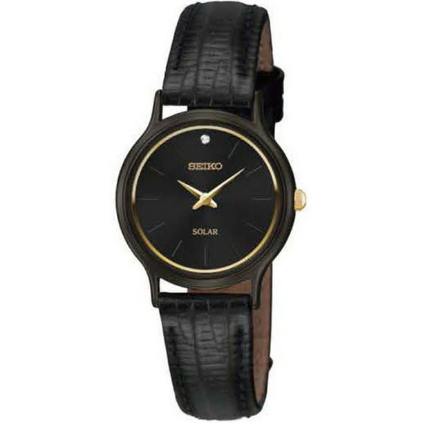 Seiko Women's Solar Stainless Steel Case Leather Strap Black Dial Gold-tone  Watch - SUP315 