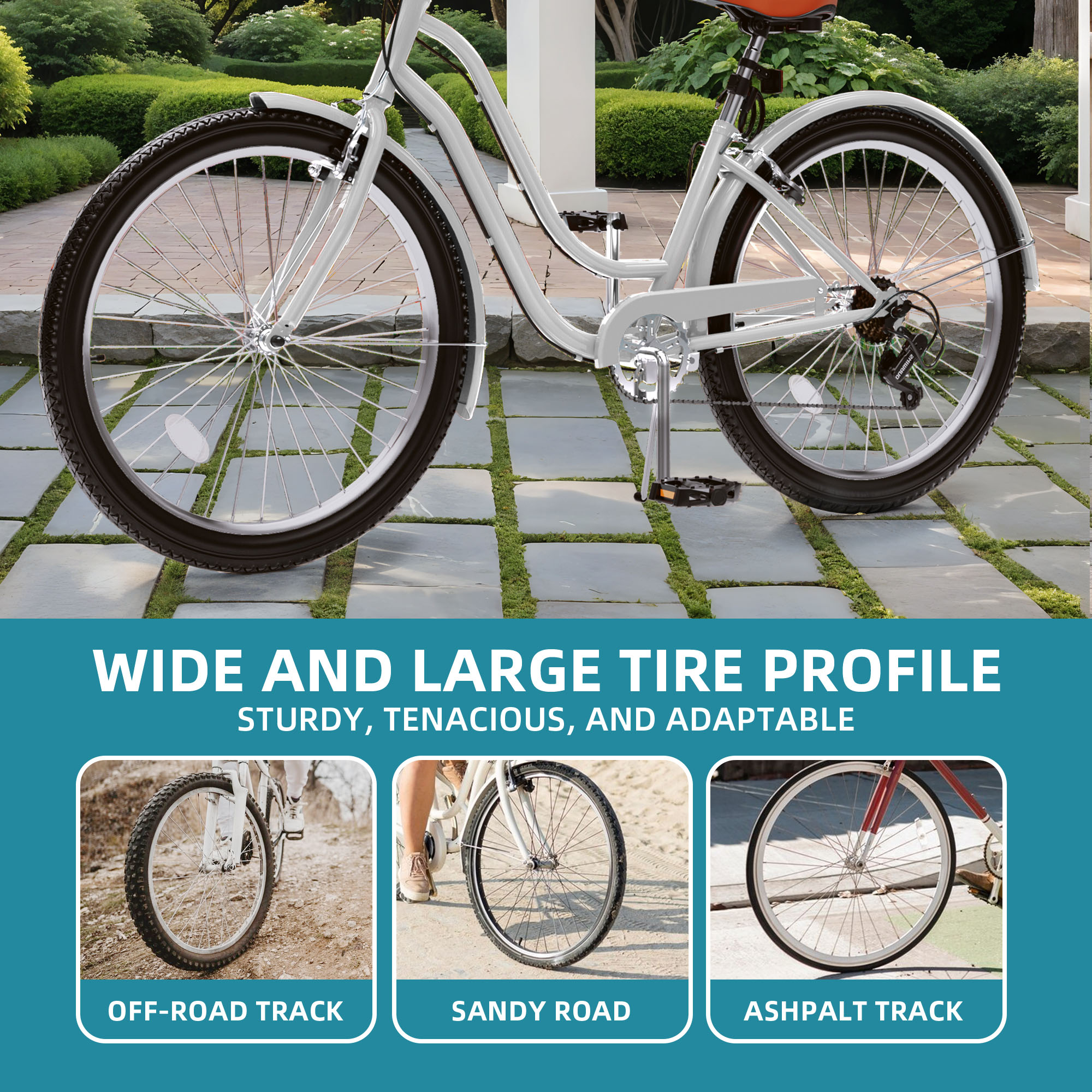 Uforic 24 Inch Beach Cruiser Bike, 7 Speed Commute Bike, Step-Through Bicycle for Adult Women & Men, Steel Frame Cruiser Bike, White