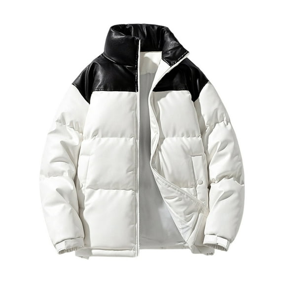 MELDVDIB Mens Quilted Puffer Glossy Jacket Zip-Up Winter Long Sleeve Stand Collar Coat Solid Color Padded Outwear Tops with Pocket