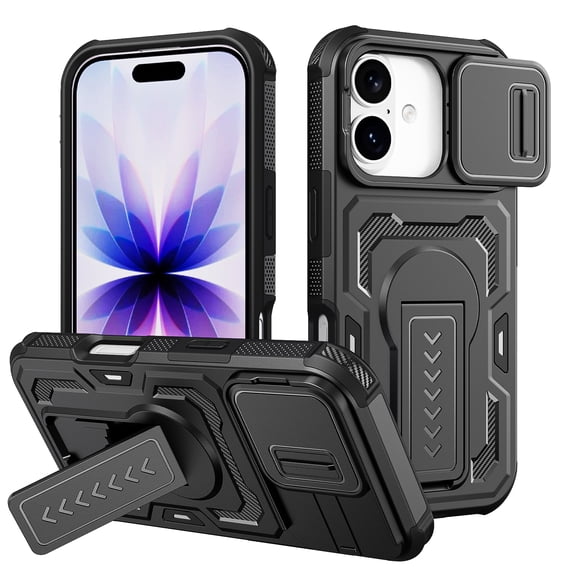 Dteck Case for iPhone 17,Shockproof TPU PC Case Sliding Camera Protection Built-in Kickstand Anti-Slip Back Cover for iPhone 17,Black