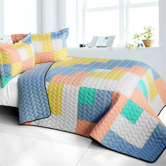 ONITIVA-QTS01480-23 Macaron Relish - 3 Pieces Vermicelli - Quilted Patchwork Quilt Set  Full & Queen Size - Blue